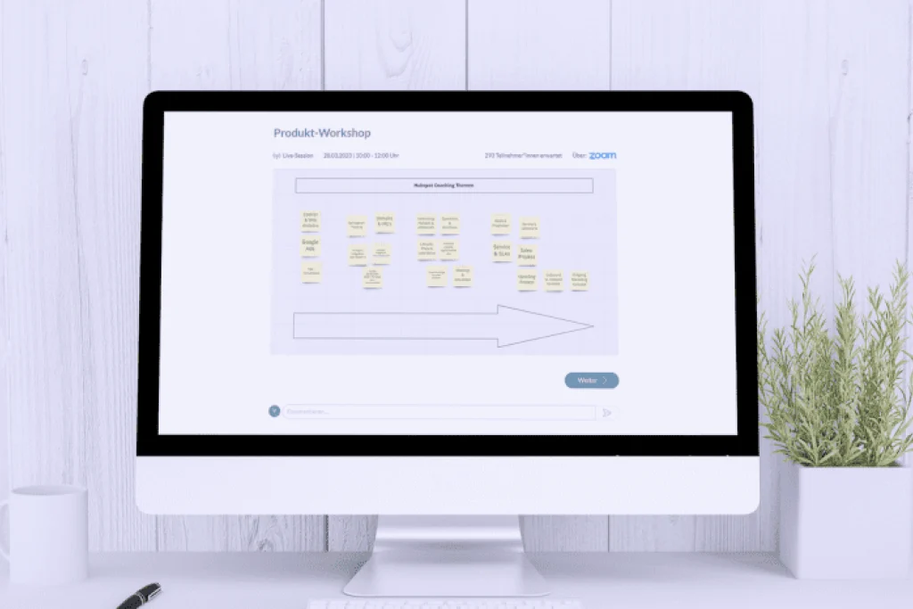 Bildschirm zeigt eine Zoom-Whiteboard-Live-Session mit Sticky-Note-Mindmap auf der reteach Lernplattform