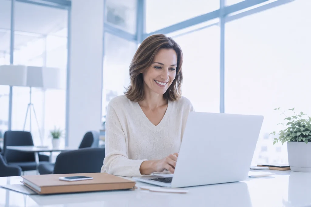 Lächelnde Mitarbeiterin nutzt Onboarding Tools am Laptop für die Einarbeitung neuer Kollegen
