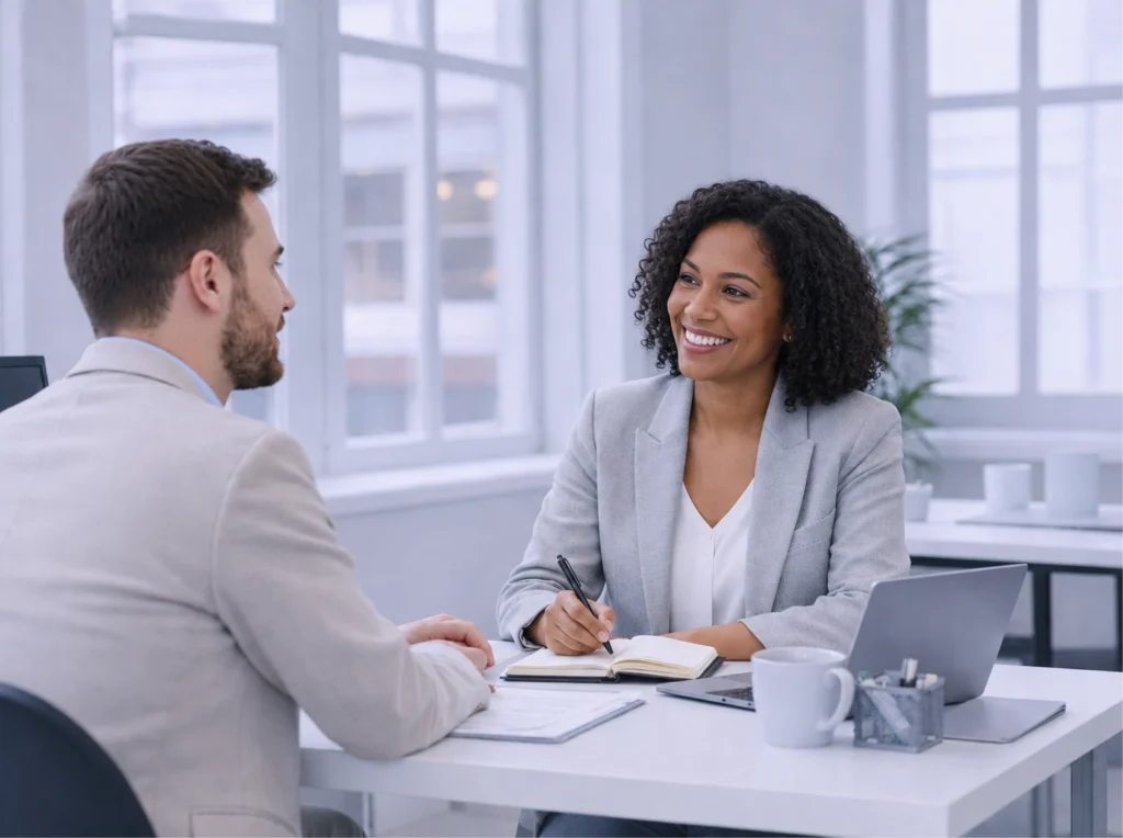 HR-Managerin im Onboarding-Gespräch mit neuem Mitarbeitenden in einem modernen Büro