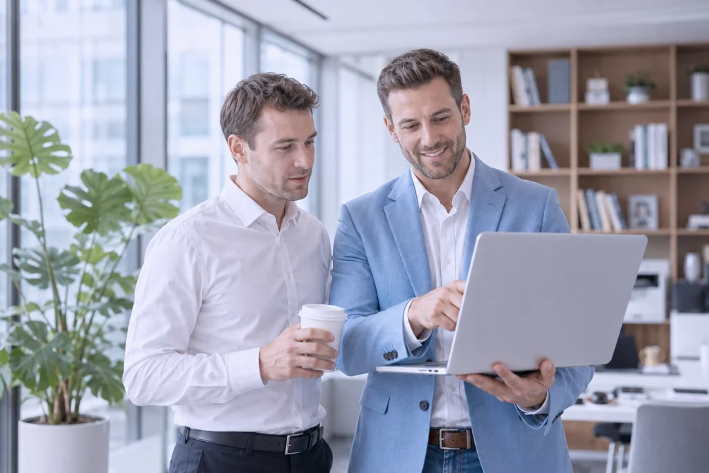 Einstieg ins E-Learning im Unternehmen: Zwei Mitarbeitende besprechen eine digitale Lernplattform am Laptop
