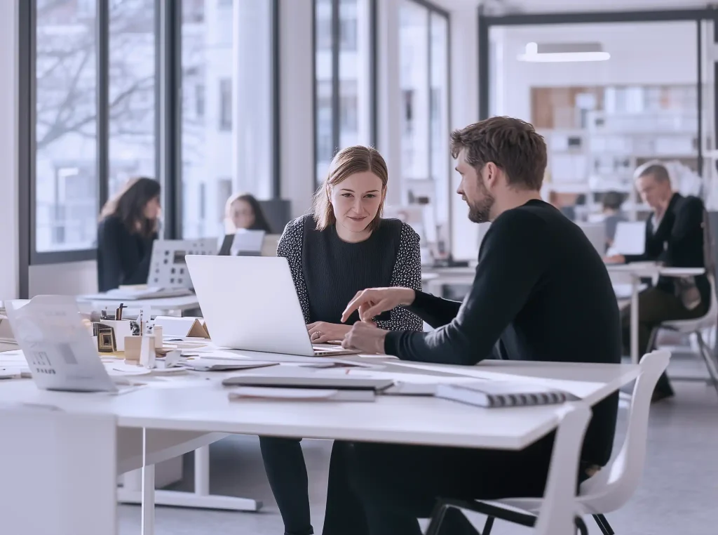 Zwei Mitarbeitende sitzen zusammen an einem modernen Büroarbeitsplatz und arbeiten gemeinsam an einem Laptop. Im Hintergrund sind weitere Personen in einem hellen, offenen Großraumbüro zu sehen.