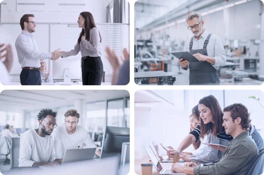 Collage aus vier Arbeitssituationen: Onboarding mit Handschlag im Büro, Mitarbeiter mit Tablet in der Produktion, Kollegen am Laptop im Großraumbüro, Teamarbeit mit mehreren Laptops.