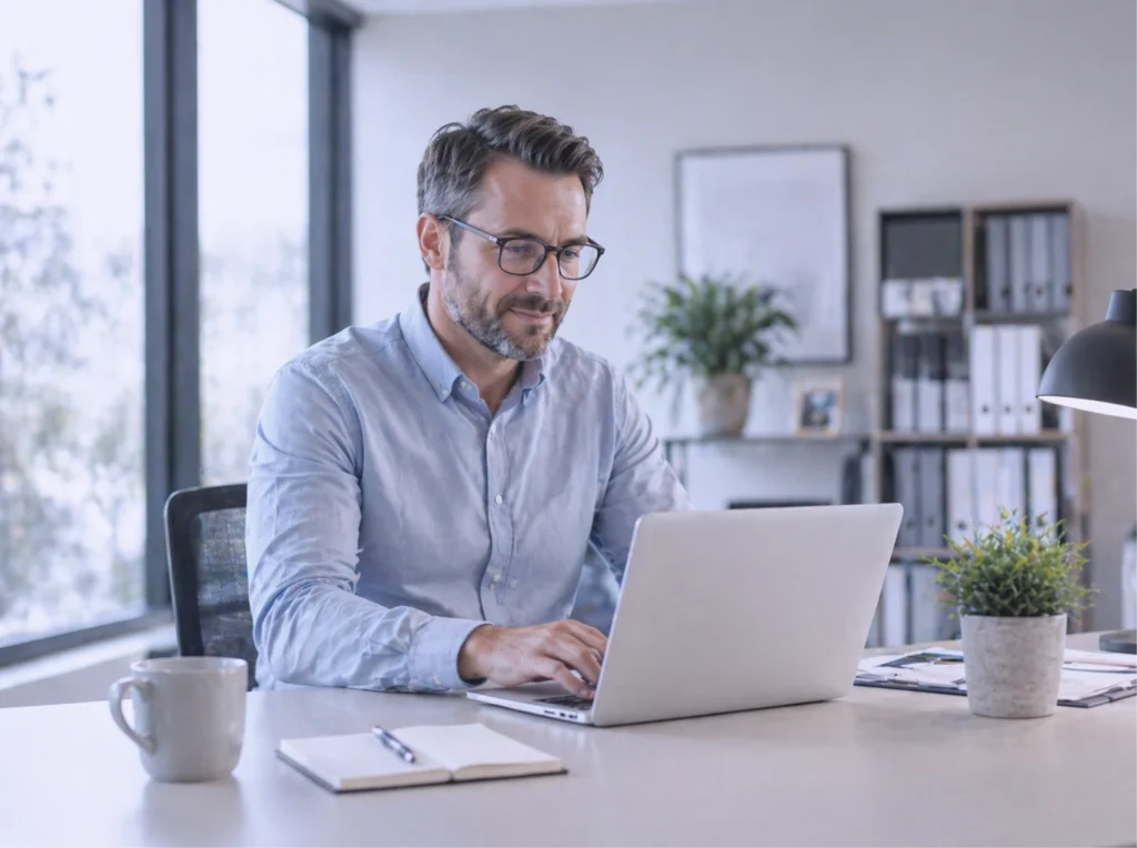 Mann mit Brille und hellblauem Hemd arbeitet konzentriert am Laptop in einem hellen Büro.

