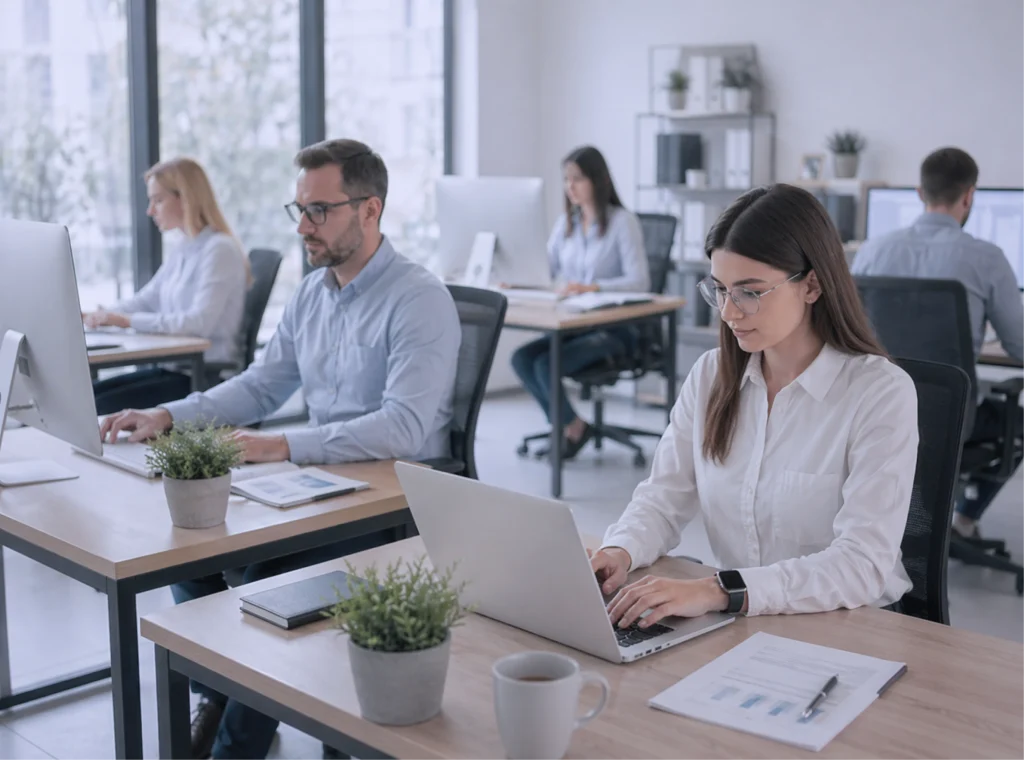 Mehrere Mitarbeitende arbeiten konzentriert an Laptops und Computern in einem hellen, modernen Großraumbüro.