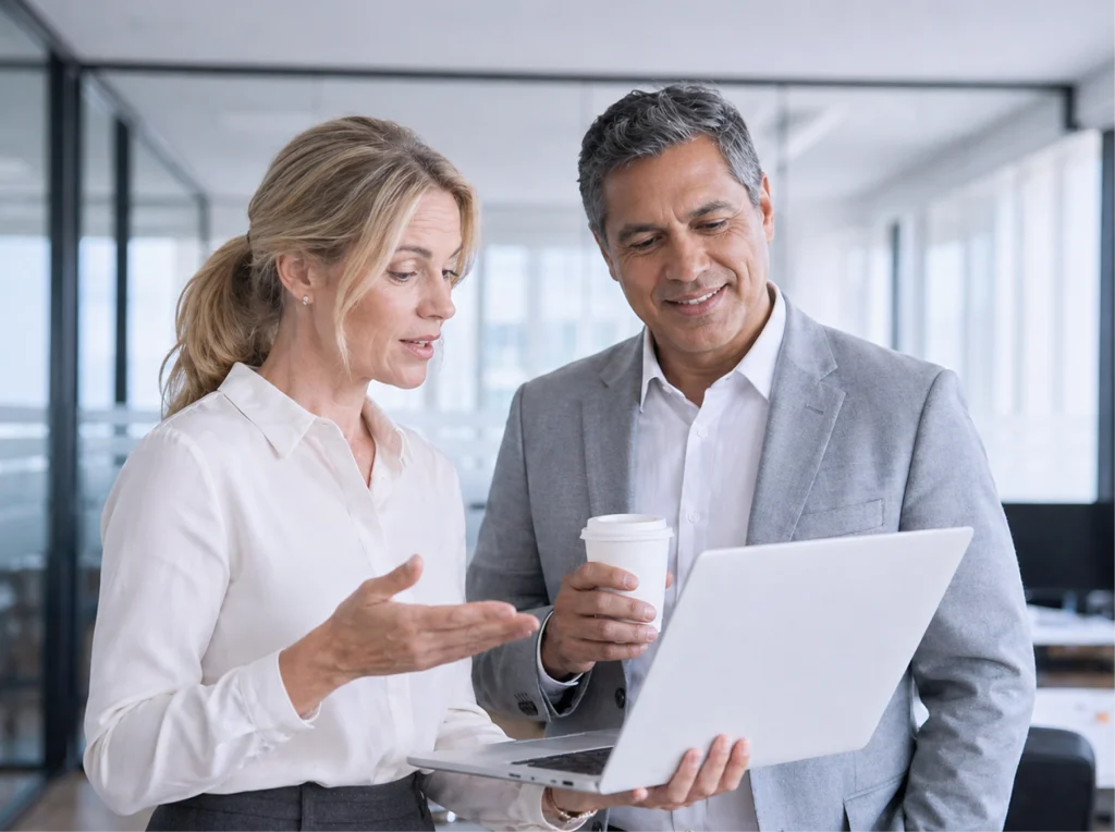 Trainerin und Geschäftsmann besprechen gemeinsam Inhalte auf einem Laptop.