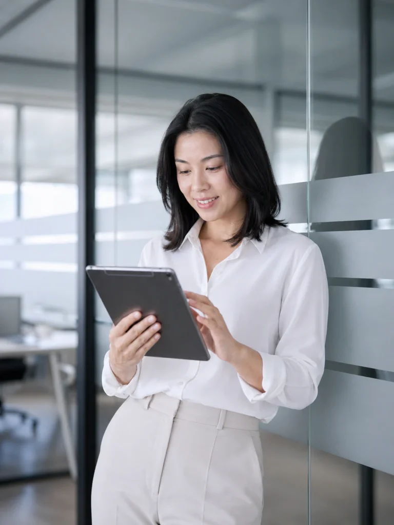 Geschäftsfrau nutzt ein LMS für Kundenschulungen auf einem Tablet im modernen Büro.