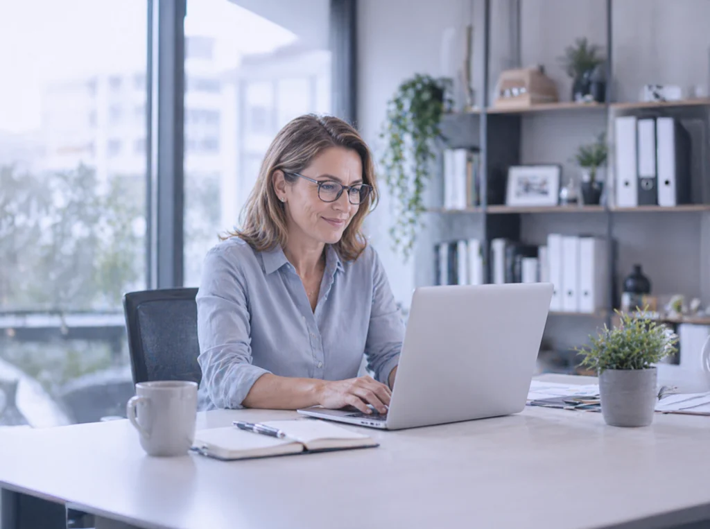 Frau arbeitet konzentriert an einem Laptop in einem modernen Büro – symbolisiert die Nutzung eines Compliance-LMS im Unternehmensalltag.