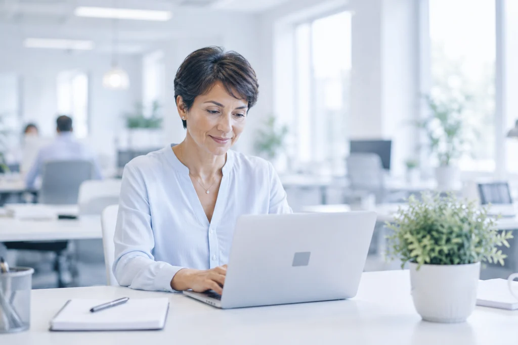 Mitarbeiterin am Laptop – Sensibilisierung für CEO Fraud im Arbeitsalltag