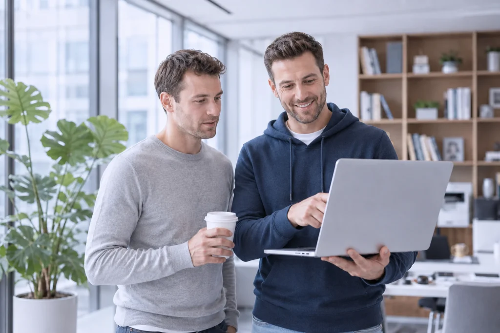Zwei Mitarbeitende besprechen CSDDD-Sorgfaltspflichten am Laptop in einem modernen Büro