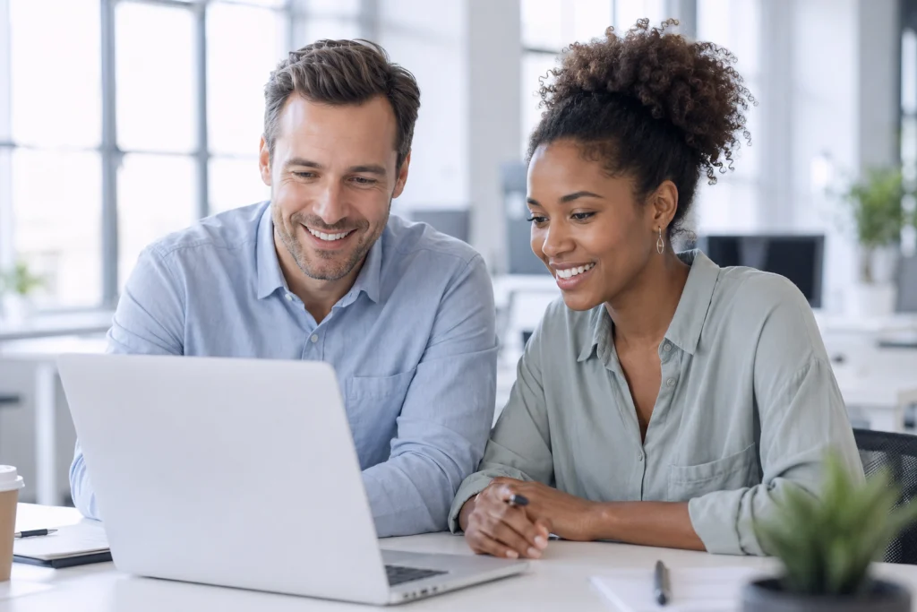 Zwei Teammitglieder am Laptop besprechen gemeinsam, wie sie Lerninhalte mit KI erstellen können