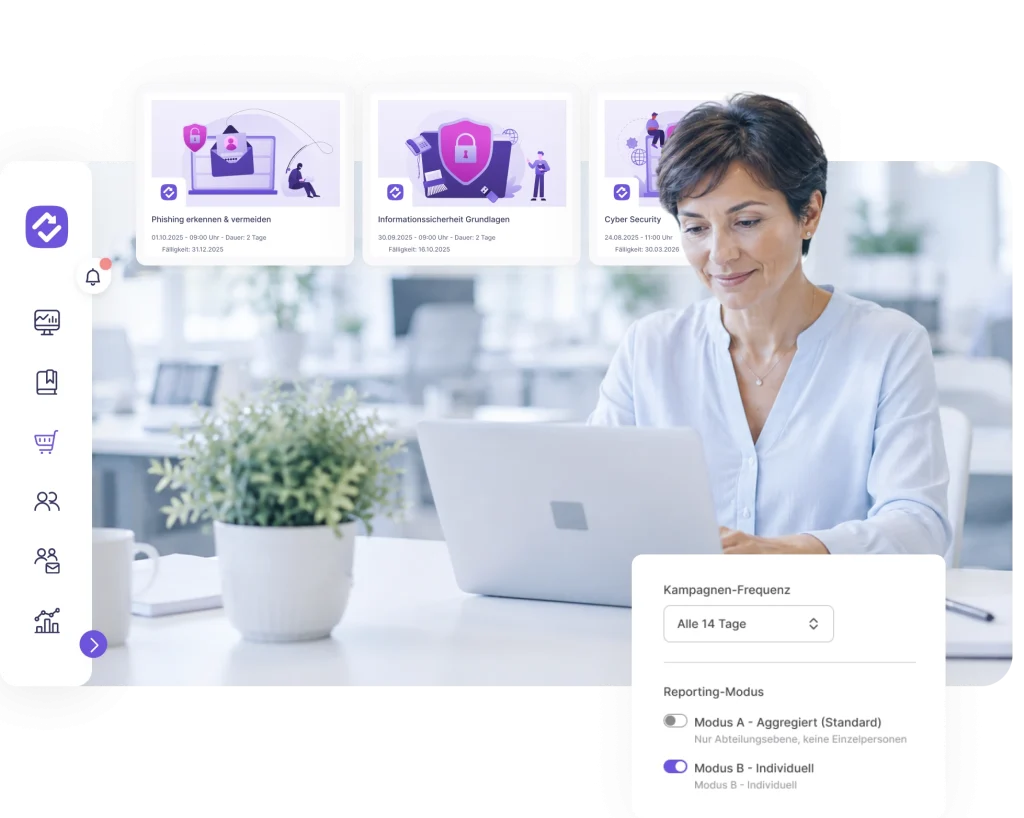 Mitarbeiterin am Laptop mit eingeblendeten Phishing-Awareness-Kursen und Einstellungen zu Kampagnen-Frequenz und Reporting-Modus in der reteach-Plattform