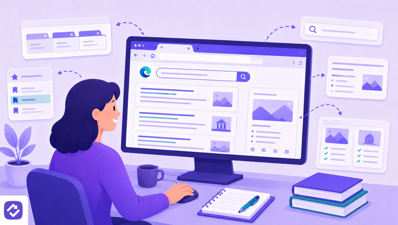 Illustration zum Kurs Edge, Bing & Copilot Stufe 1 – Web-Recherche und Copilot-Einstieg: Eine Person sitzt am Computer und recherchiert im Browser, umgeben von Symbolen für Suche, Lesezeichen und Suchergebnisse