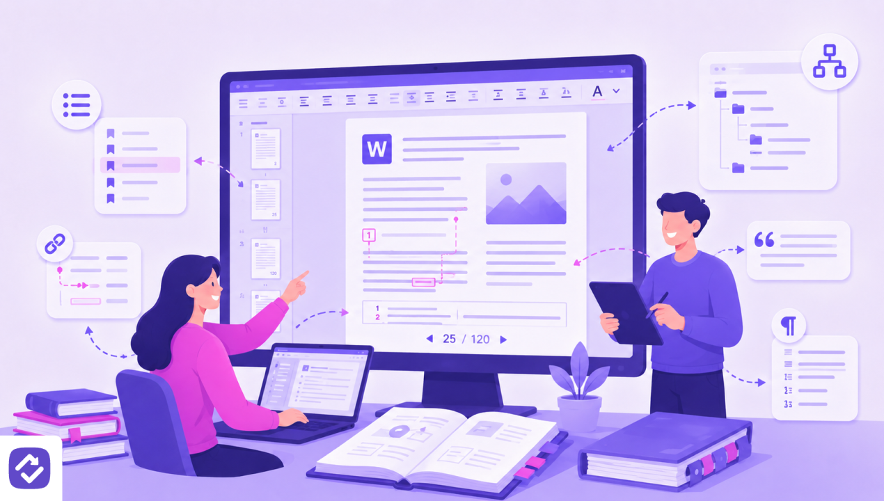 Illustration zum Kurs Word Stufe 3 – Professionelle Dokumente und Copilot: Zwei Personen arbeiten an einem umfangreichen Word-Dokument mit Formatierungen, Querverweisen und Gliederungsstruktur.
